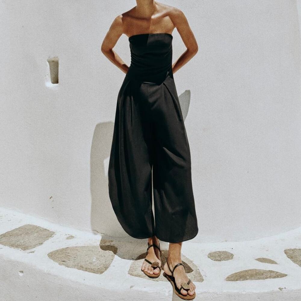 ZARA Midi Strapless Jumpsuit Black Sz S Wide Leg Boho Contemporary Avant Garde